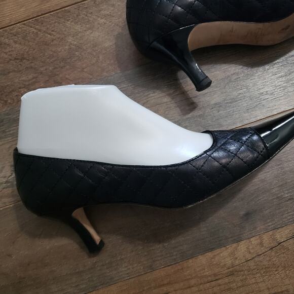 Vero Curio Black Leather Quilted Patent Leather Toe Kitten Heel Pumps 7 - Picture 12 of 15